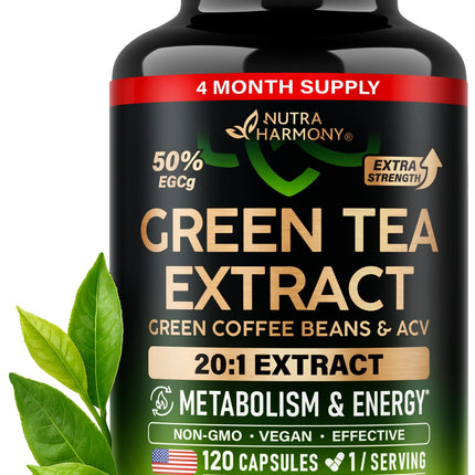 Green Tea Extract - 50% EGCG, Extra Strength 20:1 Extract - Natural Green Tea Supplement + Green Coffee Beans & Apple Cider Vinegar - Energy & Metabolism Support - for Men & Women - Vegan 120 Capsules