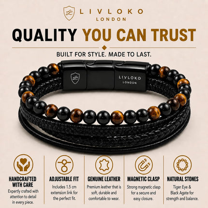 LIVLOKO LONDON Mens Bracelet Leather Black Multi-Layer Tiger Eye Stone Beads Magnetic Adjutable Steel Clasp Viking Rope Bands Surfer Man Wristband Male UK Jewellery Gift box Husband Boyfriend Dad Son
