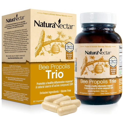 NaturaNectar - Bee Propolis Trio Capsules, NSF Certified Premium Brazilian Propolis - Gluten-Free Supplements with More Diverse Flavonoids & PWE - Naturally Sourced Through Ethical Beekeeping (60pcs.)