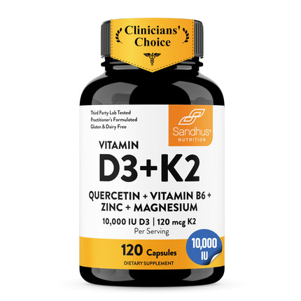 Sandhu's Vitamin D3 K2 Magnesium 10000 IU, 120mcg K2 Capsules 120 Count (Pack of 1) | with VIT B6, Zinc & Quercetin | D3K2 Supports Superior Absorption, Energy, Immune, Muscle Health for Men & Women