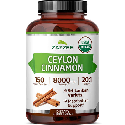 Zazzee USDA Organic Ceylon Cinnamon 20:1 Extract, 150 Vegan Capsules, 5 Month Supply, Sri Lankan Variety, Cinnamomum Verum, Antioxidant & Metabolic Support, All-Natural, Non-GMO, Made in the USA