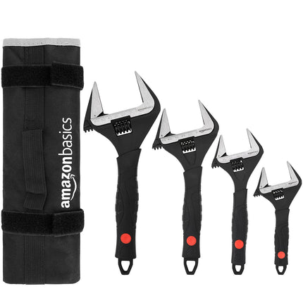 Amazon Basics 4-Piece Wide Jaw Adjustable Wrench Set with Soft Grip, Includes: 6-inch (150mm), 8-inch (200mm), 10-inch (250mm), 12-inch (300mm)