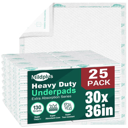 MILDPLUS Heavy Duty Underpads 30"X36", 25 Count, Ultra Absorbent Chucks 130 Grams Tear-Resistant Disposable Bed Pads with Strength Cloth Backing Incontinence Pads for Adults, Kids or Pets