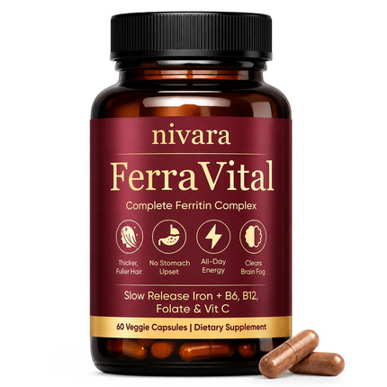 Nivara Ferravital Complete Ferritin Complex, Promotes Healthy Hair Growth, Boosts Energy, and Replenishes Ferritin with Ferrous Glycinate, Vitamin C, B6 & B12, Vegan & All-Natural, 60 Capsules (1)