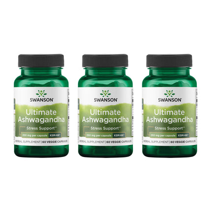 Swanson Ultimate Ashwagandha KSM-66 - Herbal Supplement Supporting Healthy Stress Levels & Relaxation - Natural Formula to Promote a Calm & Relaxed Mindset - (60 Veggie Capsules, 250mg Each) (3 Pack)