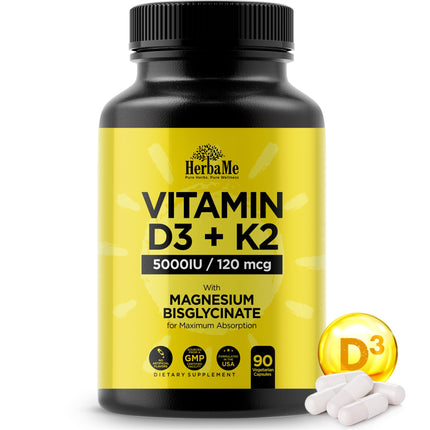 HerbaMe Vitamin D3 5000 IU + K2 with Magnesium Bisglycinate | Complete D3 Activation & Absorption Support Formula | Bone, Muscle & Immune Wellness | 90 Capsules