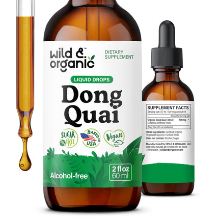 Wild & Organic Dong Quai Tincture - Menopause Supplements for Women - Angelica Root Supplements - Dong Quai Root Liquid Extract Drops - Angelica Sinensis Herb - No Sugar & Alcohol - 2 fl oz