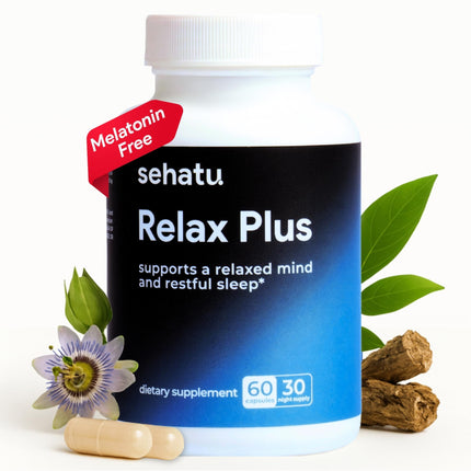SEHATU Relax Plus Stress Relief Supplement | with GABA, L-Theanine, Ashwagandha, Valerian Root | Supports A Relaxed Mood and Restful Sleep | 60 Count | 30 Day Supply