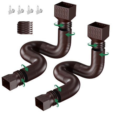 2 Pack Rain Gutter Downspout Extensions, Upgraded Flexible Drain Down Spout Extender for Rain Water Drainage, Each Extendable from 20" to 66", Combine to 10 ft with Connector(Brown)