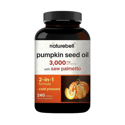 NatureBell Pumpkin Seed Oil 3,000mg with Saw Palmetto - 240 Softgels - Prostate Health Supplement & Natural DHT Blocker for Thinning Hair* - Support Heart, Brain, & Bladder Health*