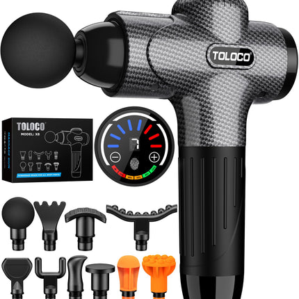 TOLOCO Massage Gun, Back Massager 10 Replacement Head for Pain Relief Deep Tissue, Percussion Massage Guns 7 Speed Level Super Quiet Electric Massager Fathers Day Dad Gifts, Carbon