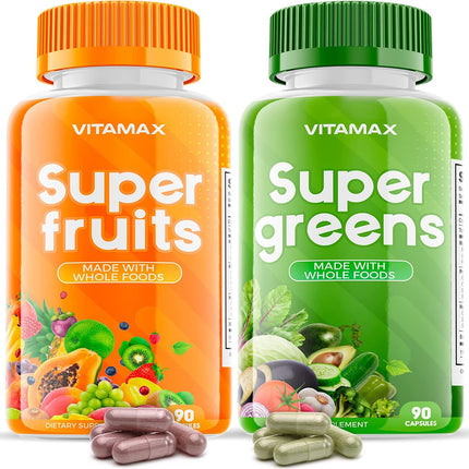 Vitamax Super Fruit and Vegetable Supplements – Whole Superfood Vitamins & Minerals – 90 Veggie and 90 Fruit Capsules for Women, Men, and Kids - Soy Free – Made in The USA