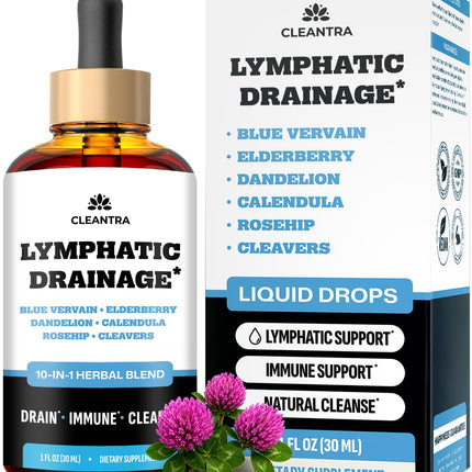 Cleantra Lymphatic Drainage Drops - Supplement for Lymphatic Support & Detox - 10-in-1 Herbal Blend Cleanse Complex with Burdock, Dandelion, Elderberry - 2 fl oz