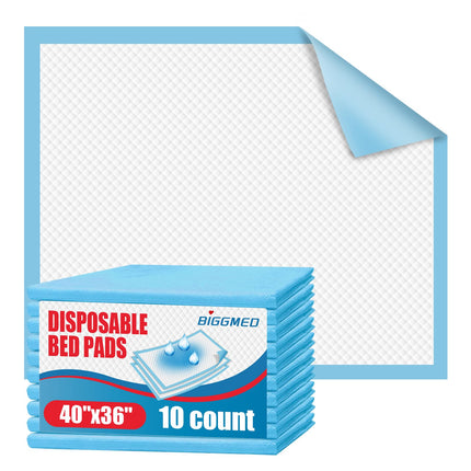 BIGGMED Tear-Resistant Incontinence Bed Pads 40'' x 36'' 125 Gram Heavy Duty Disposable Underpads Chucks Pads for Adults, Kids & Elderly | Protection Pads for Bed, Sofa, and Chair (10 Count)