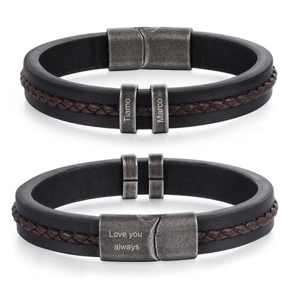 Personalized Custom Name Bracelets for Men - Mens Leather Bracelet with 2-5 Kids Names Customized Gifts for Dad Husband Son (2 names)