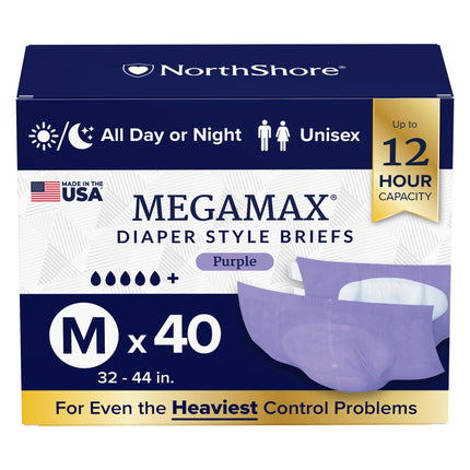 NorthShore MegaMax Made in USA 12-Hour HBL Adult Diapers for Heavy Bladder Leaks, Medium, 40 Count, Purple, 32-44 inches, Tab-Style Incontinence Underwear for Men, Women & Teens