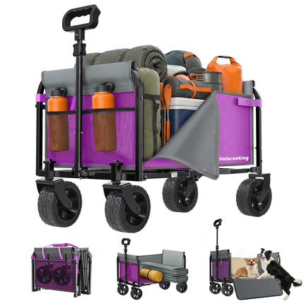 Holacamking Portable Collapsible Wagon Cart, Foldable Cart with Removable Side, Utility Groceries Wagon for Dogs Pets Camping Beach Shopping Sports Gardeing Fishing, Purple