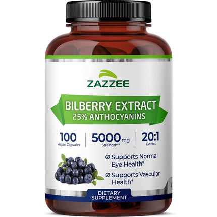 Zazzee Extra Strength Bilberry 20:1 Extract, 25% Anthocyanins, 100 Vegan Capsules, 3+ Month Supply, Vaccinium Myrtillus, Eye Health, Vision & Antioxidant Support, Non-GMO, Made in the USA