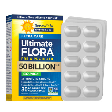Renew Life Extra Care Go-Pack Probiotic Capsules, Daily Supplement Supports Immune, Digestive and Respiratory Health, L. Rhamnosus GG, Dairy, Soy and gluten-free, 50 Billion CFU, 30 Ct
