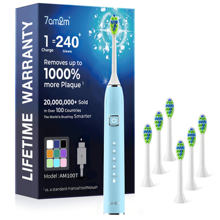 7AM2M Sonic Electric Toothbrush for Adults&Kids, Type-C Charging Run for 120 Days, with 6 Brush Heads, 5 Modes&40000VPM Powered Rechargeable Toothbrush, Travel & Home Use (Light Blue)
