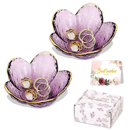 Gifts for Women Purple Flower Jewelry Dish Glass Ring Holder Decorative Jewelry Tray Cute Vanity Room Decor Aesthetic Nightstand Bathroom Decor Trinket Dish Friendship Birthday Christmas Gifts (2pcs)