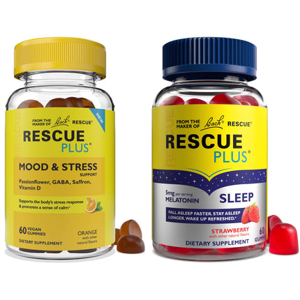 Bach RESCUE Plus Sleep Gummies with 5mg Melatonin/dose [and] Bach Plus Mood & Stress Support Gummies with Key Nutrients and Botanicals - 2PK Dietary Supplements, 60Ct Each