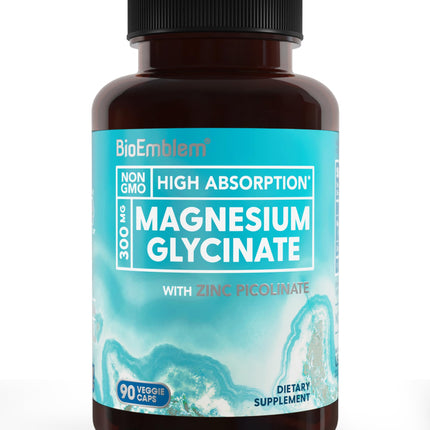 BioEmblem Magnesium Glycinate with Zinc - 300mg Chelated Magnesium Supplement - High Absorption Vegan Non-GMO 2-in-1 Complex - Immune Support, Muscles, Nerves - 90 Capsules
