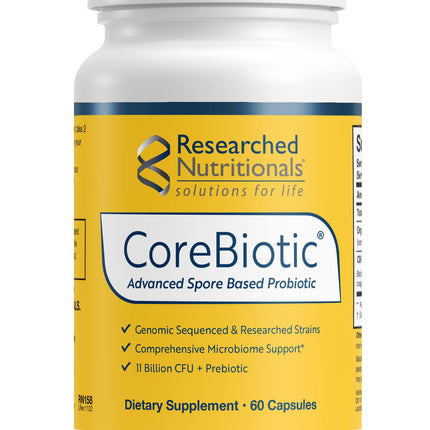 Researched Nutritionals Gut Health Supplements with Prebiotics & Probiotics for Women & Men - CoreBiotic - 3 Spore Based Probiotic Strains + Organic Prebiotic Fiber - Shelf-Stable (60 Capsules)