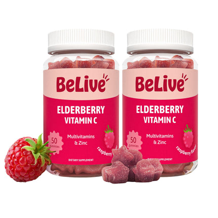 BeLive Elderberry Gummies with Zinc and Vitamin C - Immune Support Supplement with Vitamin D, A, E, B12 - Gummies for Healthy Bones & Teeth, Vegan, Keto & Non-GMO - Raspberry Flavor | 2-Pack