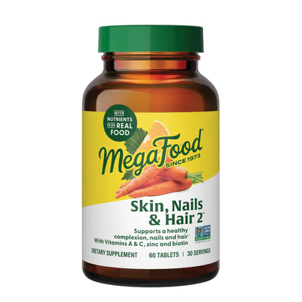 MegaFood Skin, Nails & Hair 2 - Vitamins for Women & Men - Biotin, Vitamin A, C, Zinc, B6, E, Pantothenic Acid - Vegan - Made Without 9 Food Allergens - 60 Tabs (30 Servings)