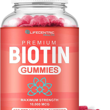 LifeCentric Health Biotin Gummies for Adults | Max Strength Biotin 10000mcg | Chewable Biotin Supplement for Women and Men | 100 Count Vegan Hair Gummies for Hair Skin and Nails