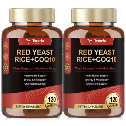 (2 Packs) Red Yeast Rice with CoQ10 Supplement - Citrinin Free Red Yeast Rice 2,000 mg Capsules with CoQ10 100mg Plus Citrus Bergamot - Niacin-Free, Cholesterol & Energy Supplement 3rd-Party Tested