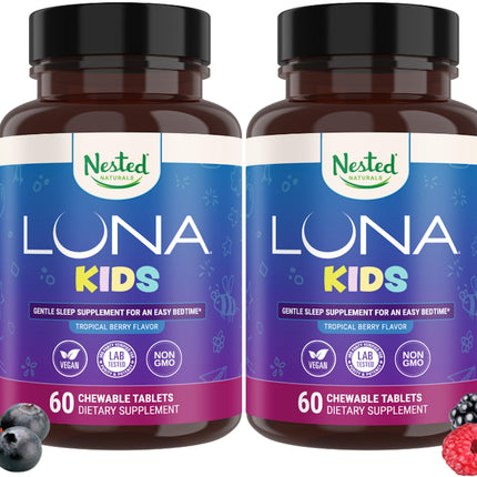 Nested Naturals Luna Kids Sugar-Free Sleep Aid Tablets for Children 4+ - Naturally Sourced Ingredients - Herbal Sleep Supplement with Chamomile, Melatonin, Valerian & Lemon Balm - 120 Chewable Tablets