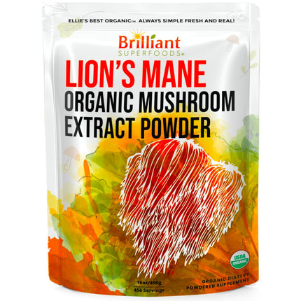 Ellie's Best Lions Mane Organic Mushroom Extract Powder Supplement - Double Extracted for 10X Potency - Pure No Fillers - 16oz - 458 1g Servings…