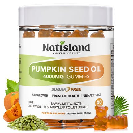 NATISLAND Pumpkin Seed Oil Gummies with Saw Palmetto, Cold Pressed Pumpkin Seed Oil Supplement for Hair Growth, Prostate Health & Urinary Tract Support, Sugar Free, Vegan Pineapple Flavor, 60 Count