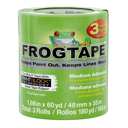 FrogTape Multi-Surface Painter's Tape with PAINTBLOCK, 2 in Wide (1.88 in x 60 yd), Quick Stick Medium Adhesion, Premium Green Painters Tape Removes Clean, 3 Rolls (240661)