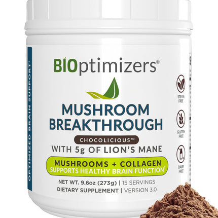 BIOptimizers Mushroom Coffee Alternative – Chocolate Drink – Lion’s Mane, Chaga, Reishi + Collagen Peptides for Focus, Energy & Gut Health – Adaptogenic Mushrooms & MCT Powder – 15 Servings