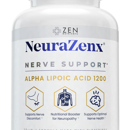 Zen Nutrients NeuraZenX Nerve Support & Peripheral Neuropathy Support Supplement with 1200mg Alpha Lipoic Acid (ALA), Benfotiamine, L-Carnitine, and Turmeric