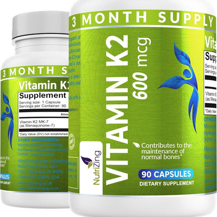 NutriZing K2 Vitamin Supplement MK7-600mcg - 90 Capsules Supports Bone & Arterial Health - High Strength Vegan Capsules - Vitamin K2 MK7 for Men & Women - 3 Month Supply