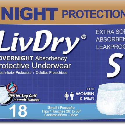 LivDry Adult S Incontinence Underwear, Overnight Comfort Absorbency, Leak Protection, Small, 18-Pack