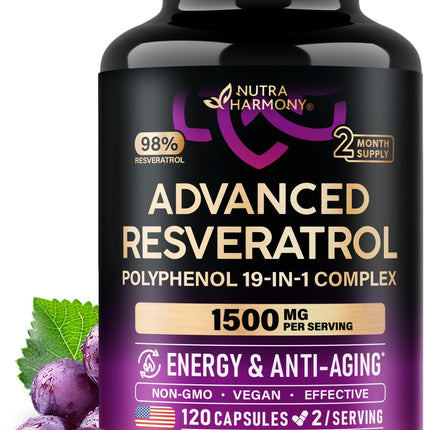 Resveratrol Supplement - 19-in-1 Organic Polyphenol Complex - Noni Extract | Berberine | Quercetin | Apple Cider Vinegar | Acai - for Women & Men - Antioxidant & Heart Health Support - 120 Capsules