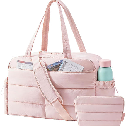 BAGSMART Gym Bag for Women, Lightweight Puffer Duffle Bag 2-PC Travel Bag, 31L Weekender Overnight Bag Quilted Carry On Tote Bag, Diaper Hospital Dance bag for Travel, Gym, Water Resistant, Pink