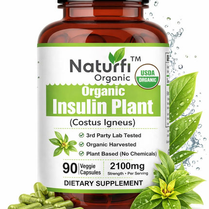Naturfi Organic- Insulin Plant Capsules (Costus Igneus), USDA Organic | 100% Natural Supplement, 90 Veggie Caps (1 Month Supply) - Insulin Plant