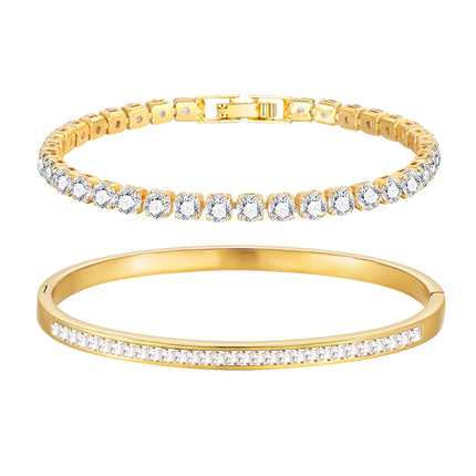 Stackable Gold Bracelets for Women - 2Pcs 18K Gold Plated Cubic Zirconia Bangle Bracelet Friendship Tennis Bracelet Stack Jewelry,Party Christmas Birthday Gift for Girlfriend Sister Wife Daughter
