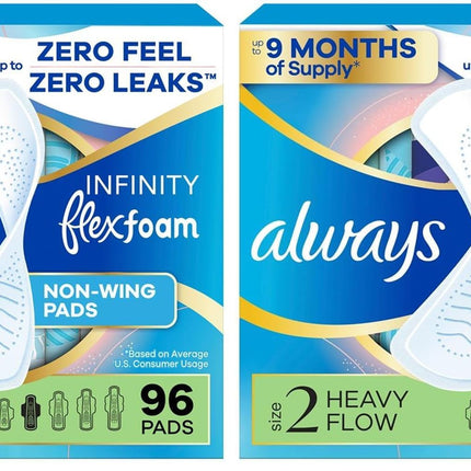 Always Infinity Feminine Pads for Women, Flexfoam Pads Without Wings, Size 2, Heavy Absorbency, Unscented, 96 Count (Pack of 2)