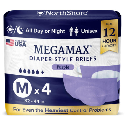 NorthShore MegaMax Made in USA 12-Hour HBL Adult Diapers for Heavy Bladder Leaks, Medium, 4 Count, Purple, 32-44 inches, Tab-Style Incontinence Underwear for Men, Women & Teens