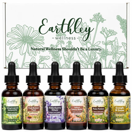 Earthley Wellness Family Organic Herbal Tincture Set, Cough Support Bundle with Elderberry, Cough, Feel Better Fast and More, Alcohol Free Formulas, Carry Bag Included (6 Set, Organic Herbal Formulas)