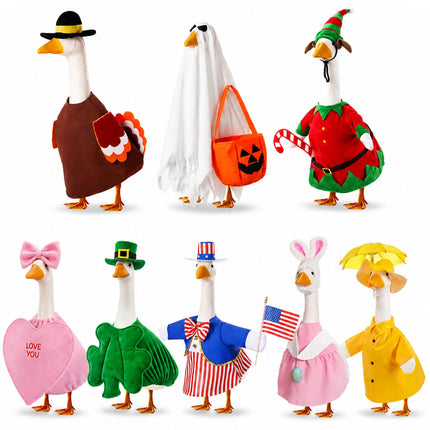 FuWeave 8 Set Holiday Porch Goose Outfits 23'' Goose Clothes Summer Fall Halloween Christmas Winter Thanksgiving Valentine St. Patrick Easter 4th of July Lawn Porch Geese Costume for Patio Yard Decor