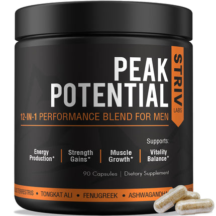 STRIVLABS Peak Potential 12-in-1 Testosterone Support for Men – Fenugreek, Ashwagandha & Tongkat Ali – Natural Strength, Energy & Muscle Builder – 90 Capsules