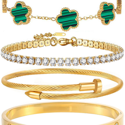 GIVCHO 18K Gold Plated Nail Love Bangle Bracelet Set for Women Stackable Floral Clover Adjustable Tennis Bracelet Non Tarnish Gift Jewelry for Christmas Valentines Birthday Mother's Day (Green)